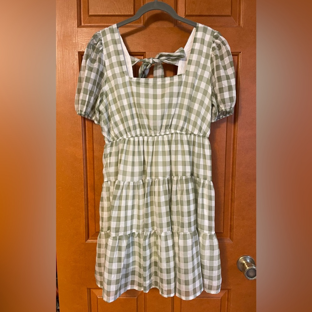 Flowy Sage Green & White Checkered Dress